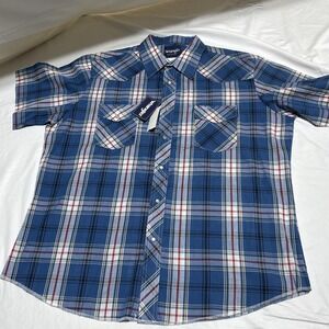 WRANGLER WESTERN FASHION SNAP SHIRT MENS XL RED WHITE & BLUE PLAID SHORT SLEEVE